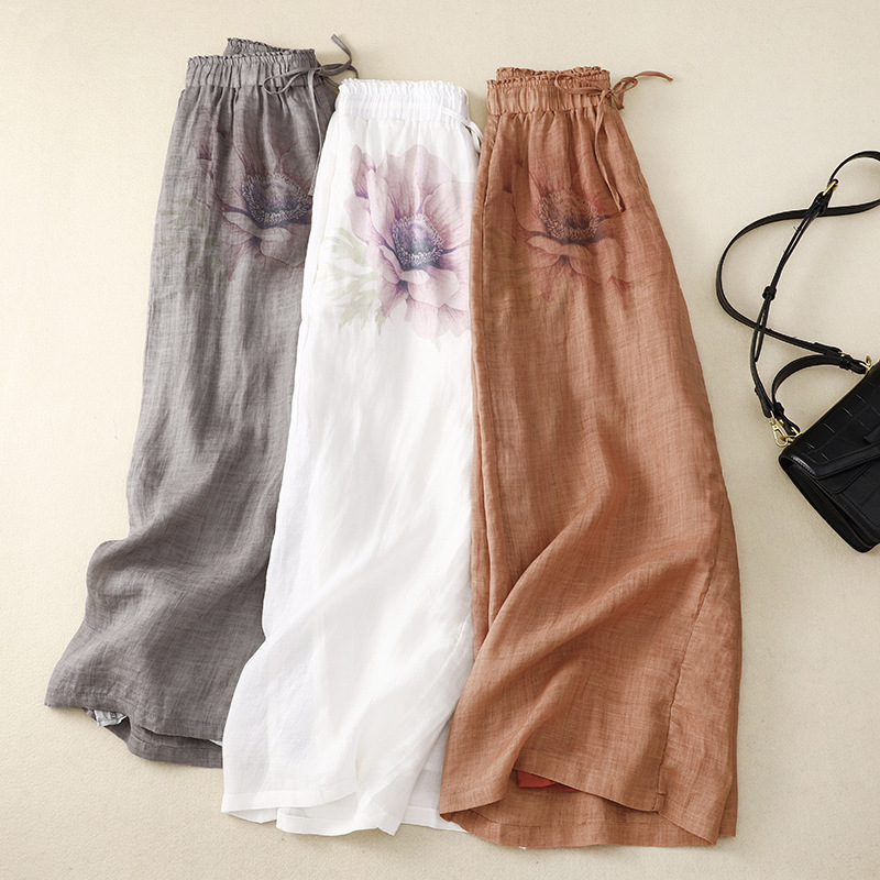 Retro cotton and linen casual high waist trousers