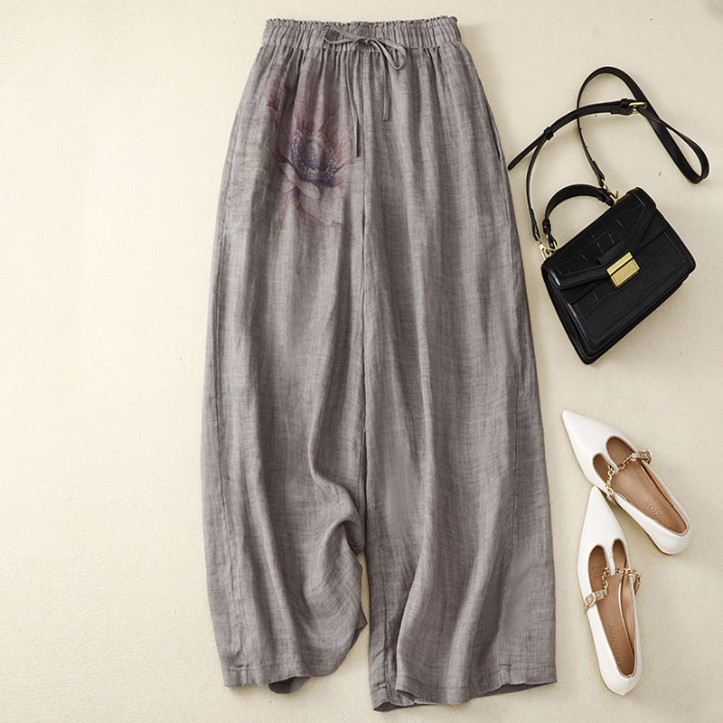 Retro cotton and linen casual high waist trousers
