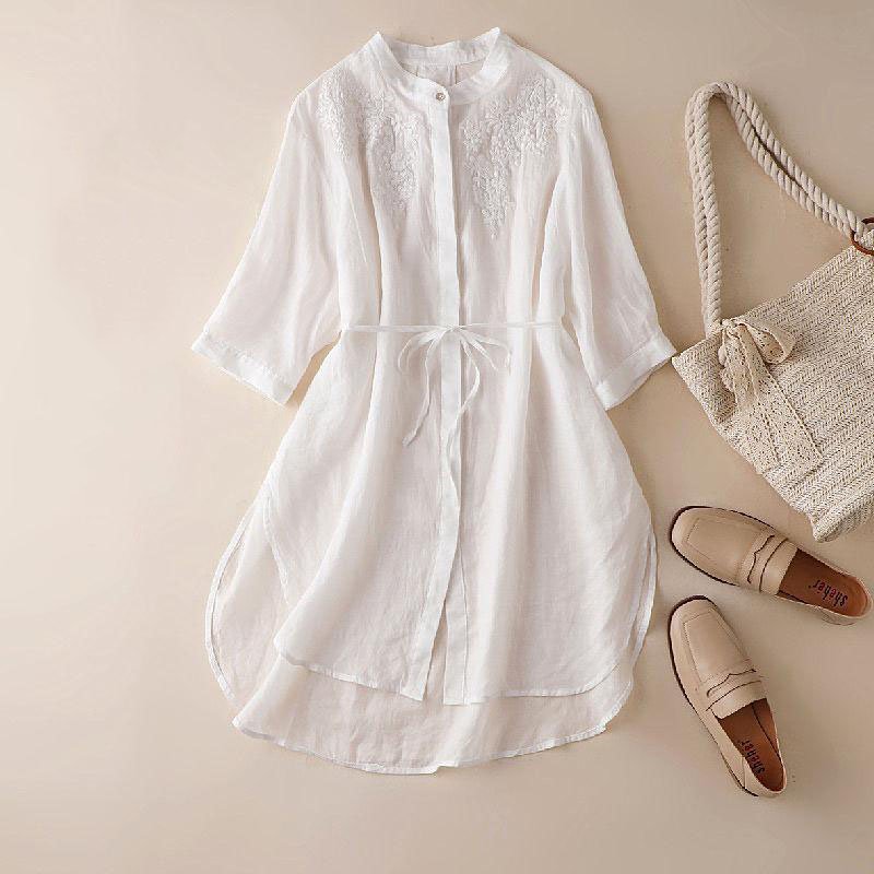 Retro Flower Embroidery Cotton Shirt