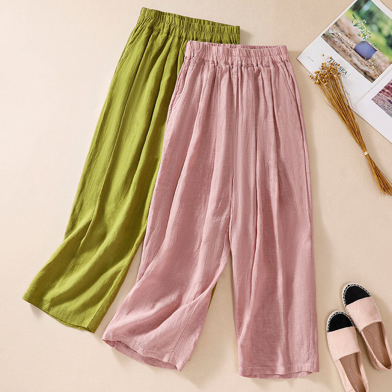 Artistic cotton and linen loose ninth pants