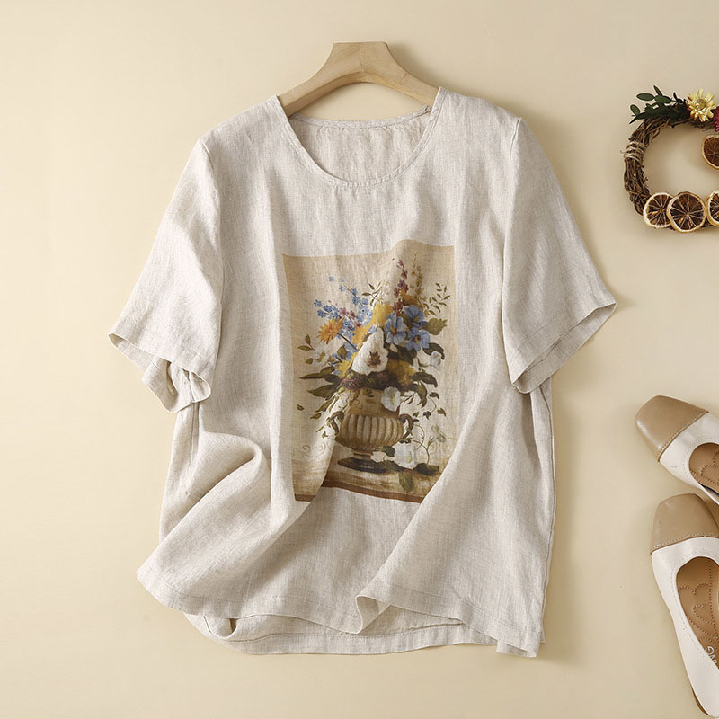Vintage Print Round Neck Short Sleeve T-Shirt