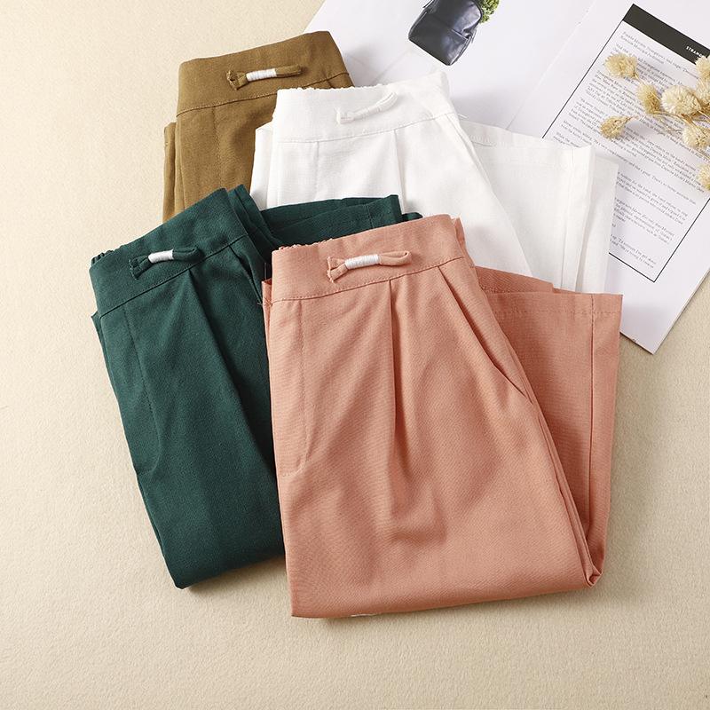 Cotton and linen casual straight cropped shorts