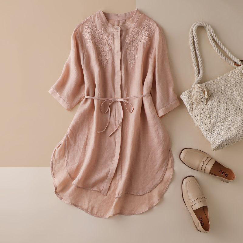 Retro Flower Embroidery Cotton Shirt