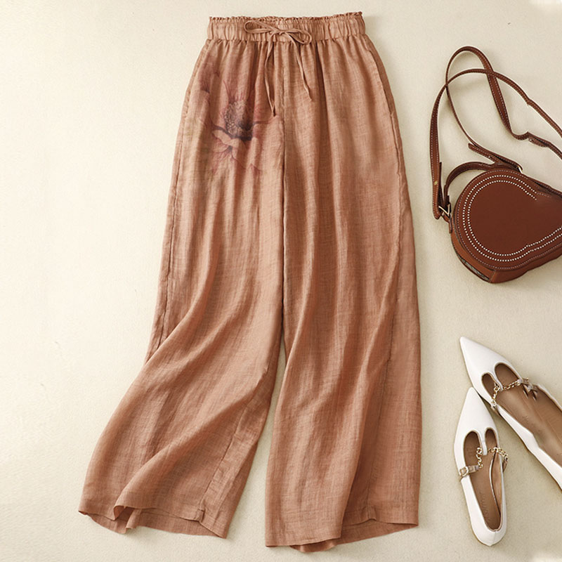 Retro cotton and linen casual high waist trousers