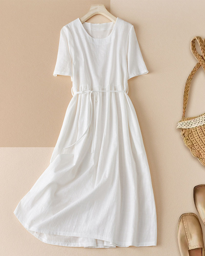 Cotton Linen Round Neck Casual Dress