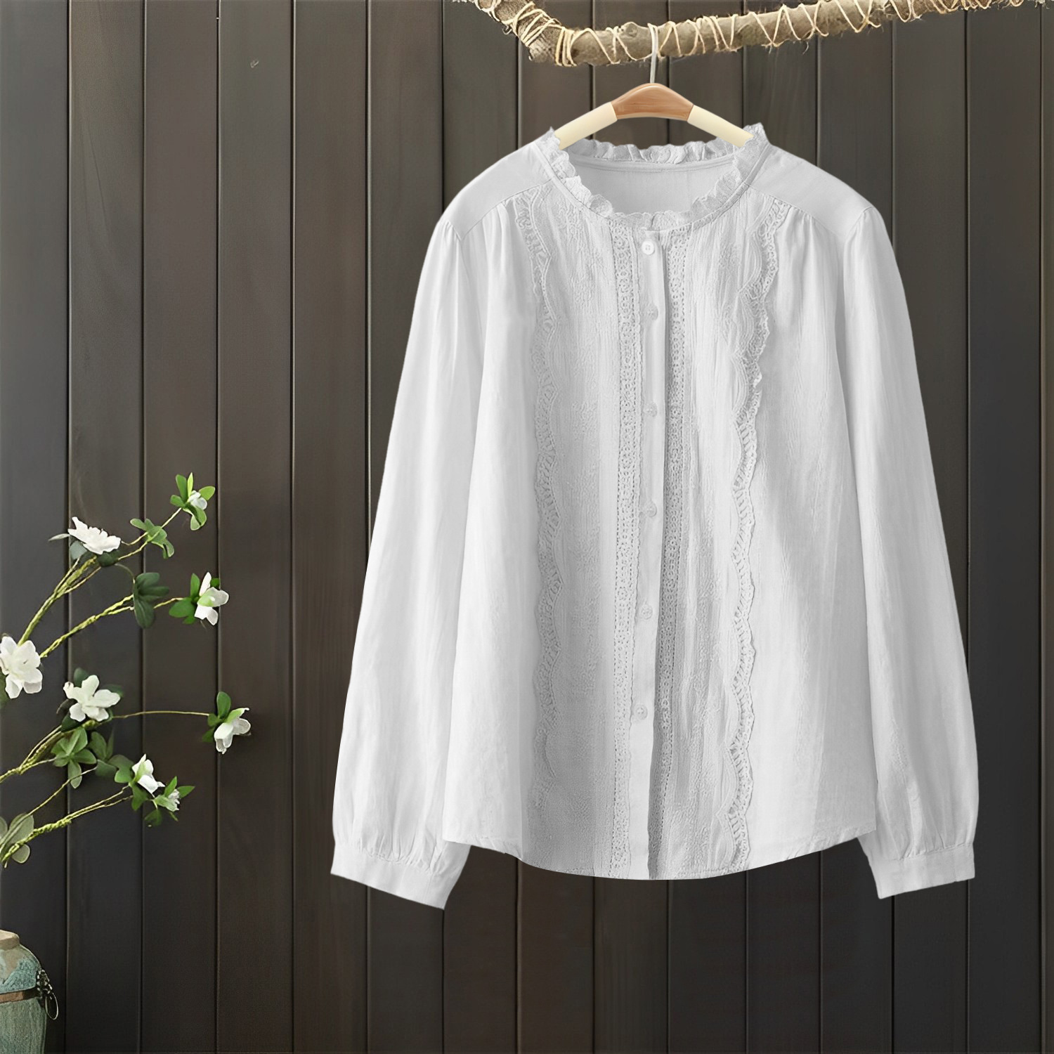 Classical Embroidery Lace Long -sleeved Cotton Shirt