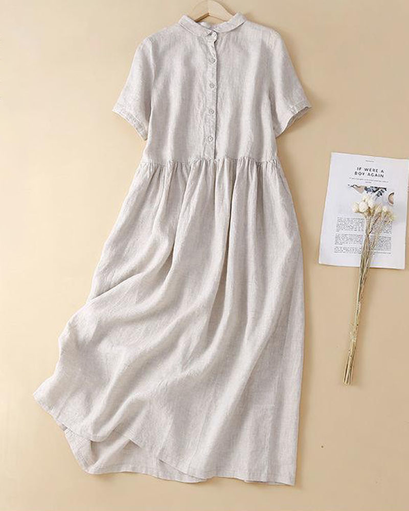 Cotton linen casual shirt dress