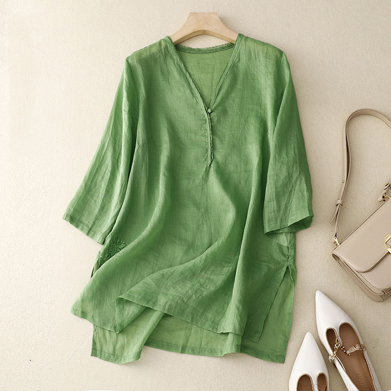 Retro Simple Solid Color V -neck Shirt