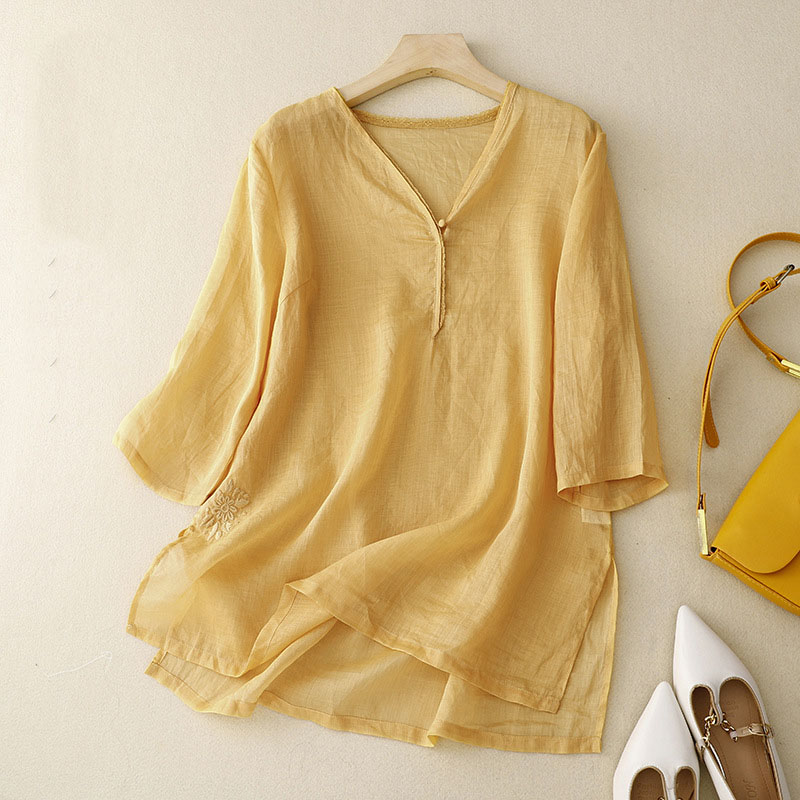 Retro Simple Solid Color V -neck Shirt