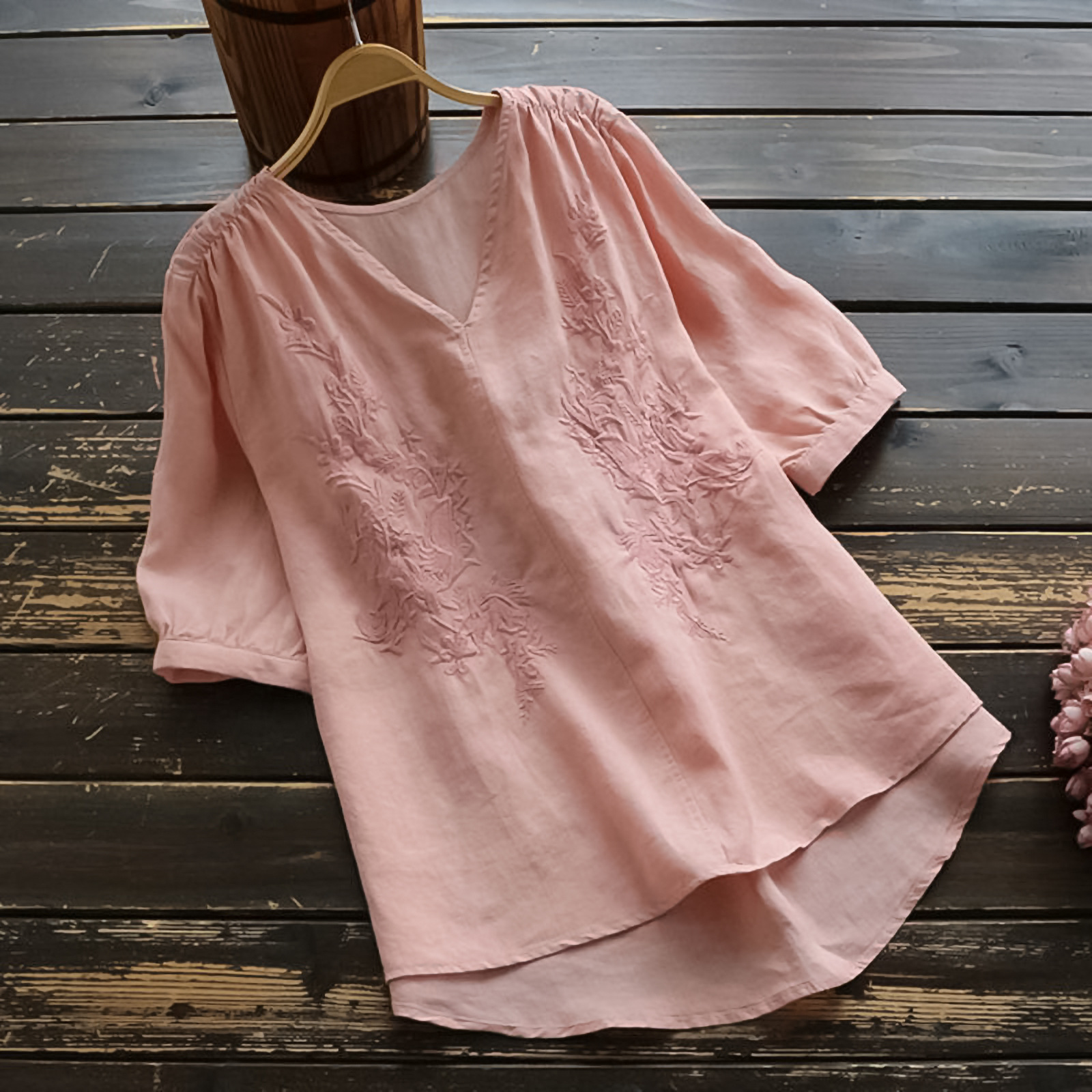 Women's V -neck Chic Embroidery Cotton Shirt